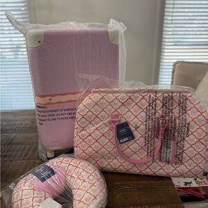Geo Hearts Pattern Travel Set with Neck Pillow, Carry-On and Duffle Bag- NWT